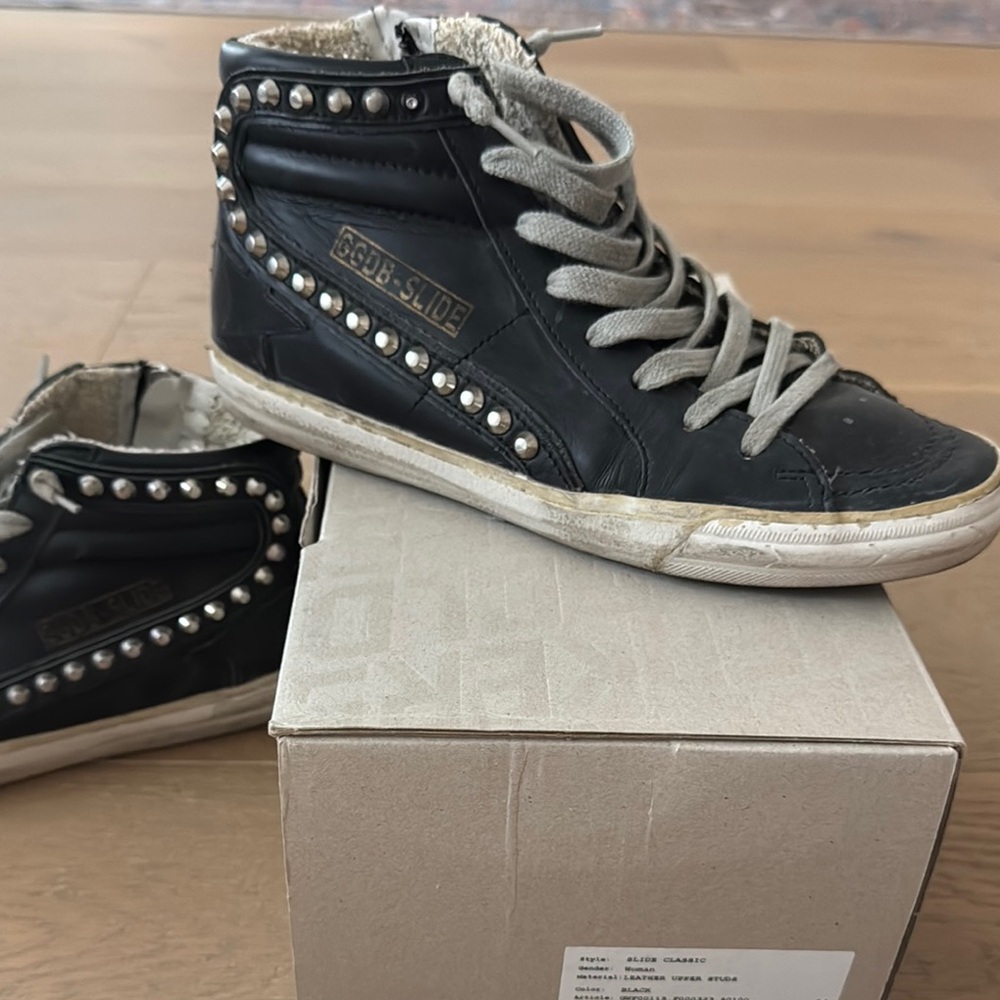 Black studded “slide” high top golden good sneakers